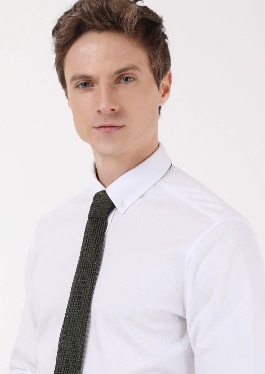 White Slim Fit Knitting Casual 100% Cotton Shirt - 3