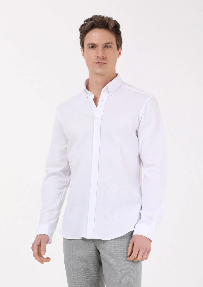 White Slim Fit Knitting Casual 100% Cotton Shirt - 4