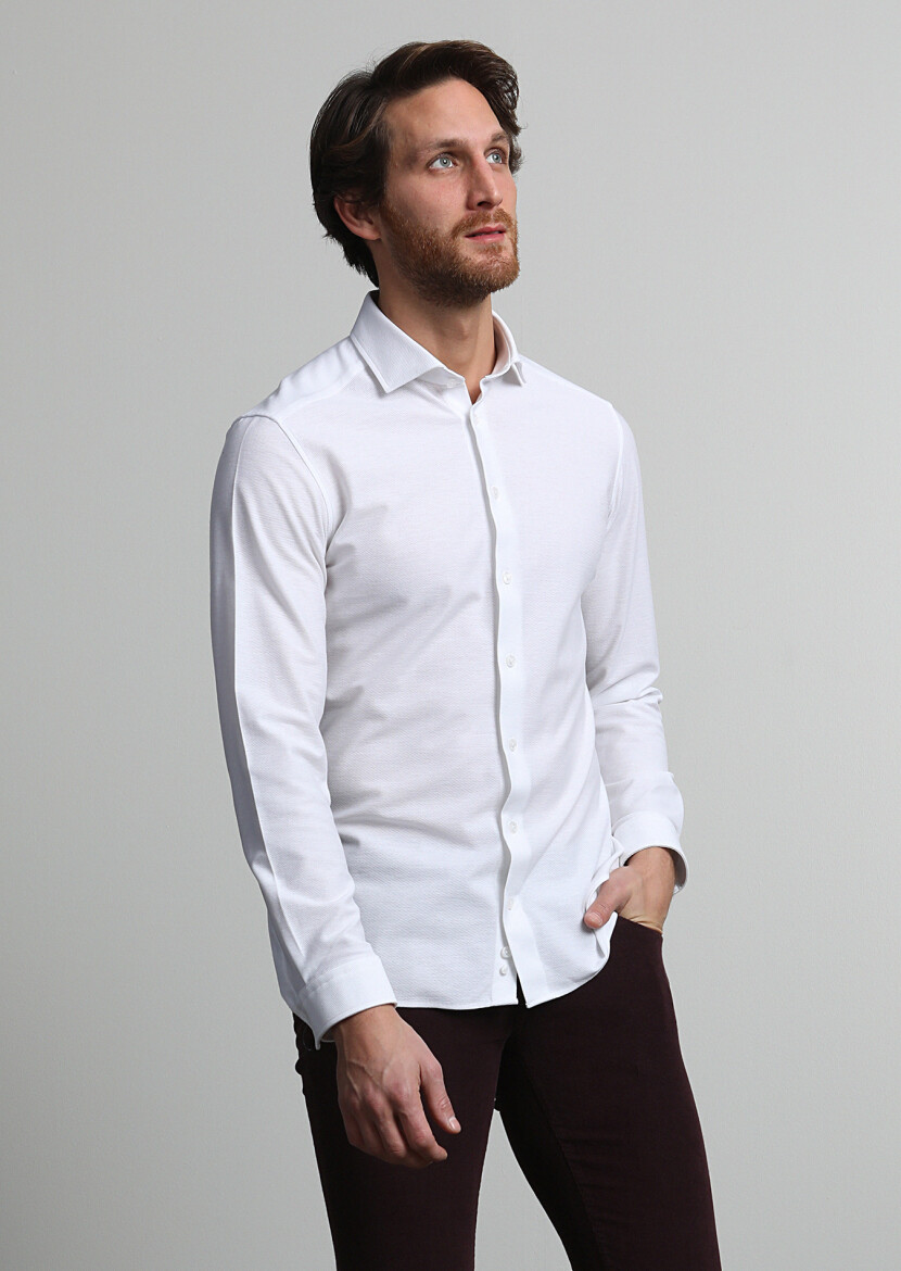 White Slim Fit Long Knitting Casual 100% Cotton Shirt - 1