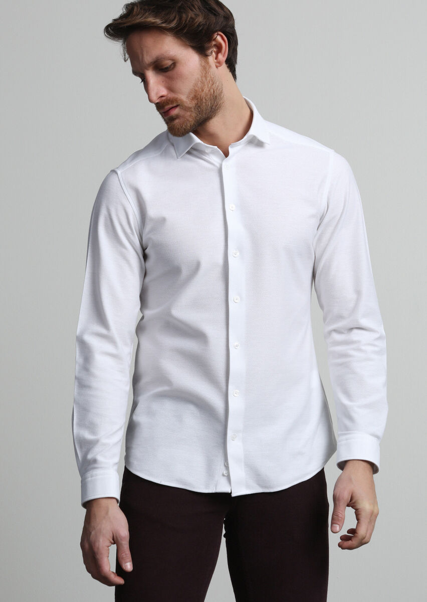 White Slim Fit Long Knitting Casual 100% Cotton Shirt - 3