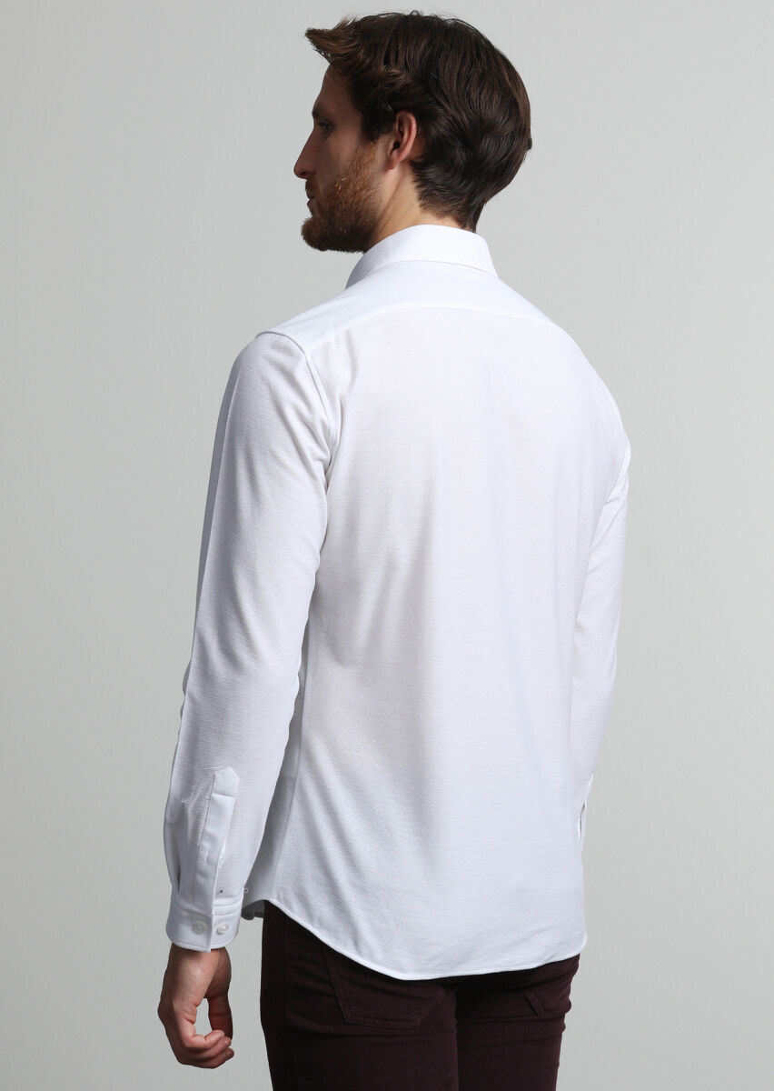 White Slim Fit Long Knitting Casual 100% Cotton Shirt - 4