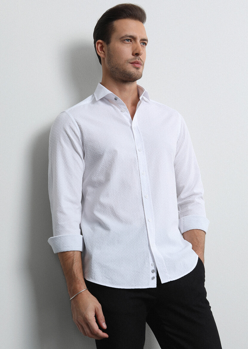 White Slim Fit Long Weaving Casual 100% Cotton Shirt - 1