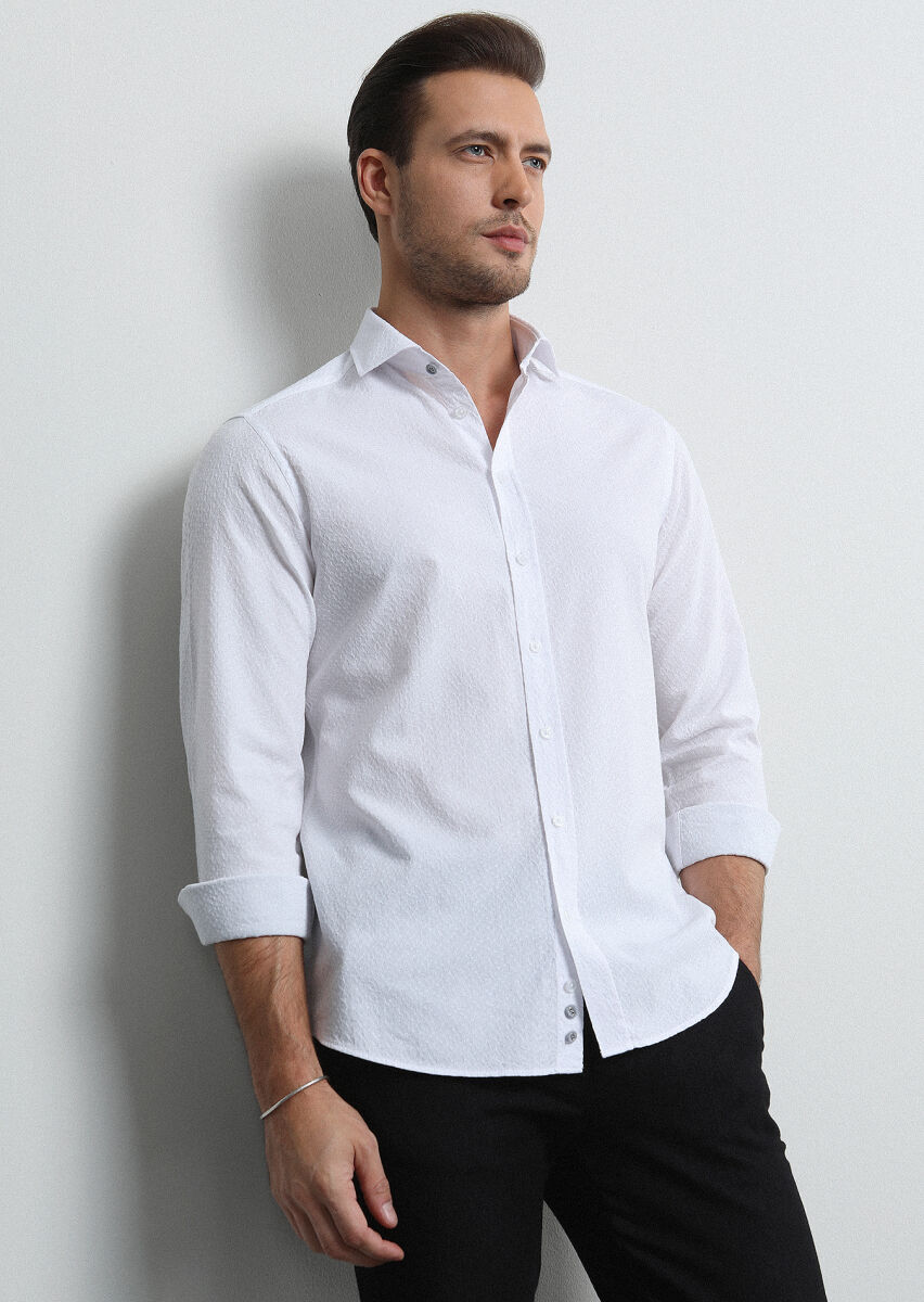 White Slim Fit Long Weaving Casual 100% Cotton Shirt - 1