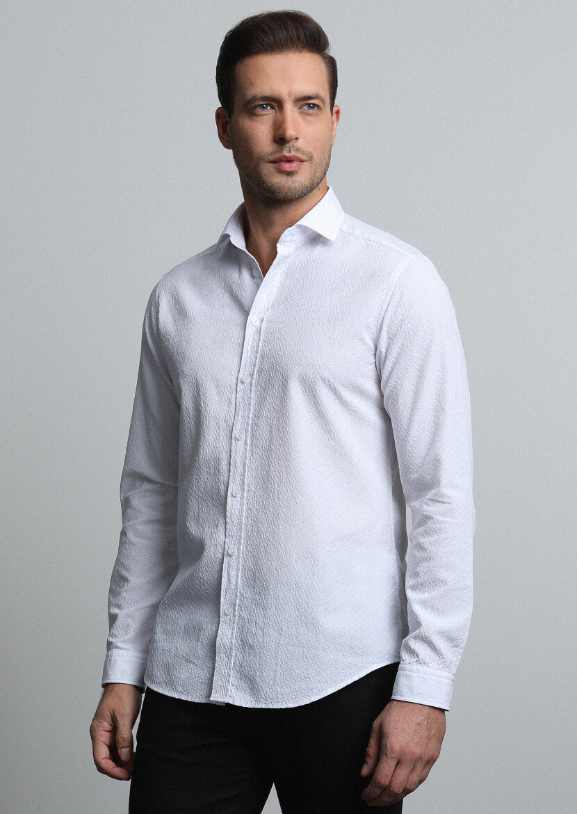White Slim Fit Long Weaving Casual 100% Cotton Shirt - 2