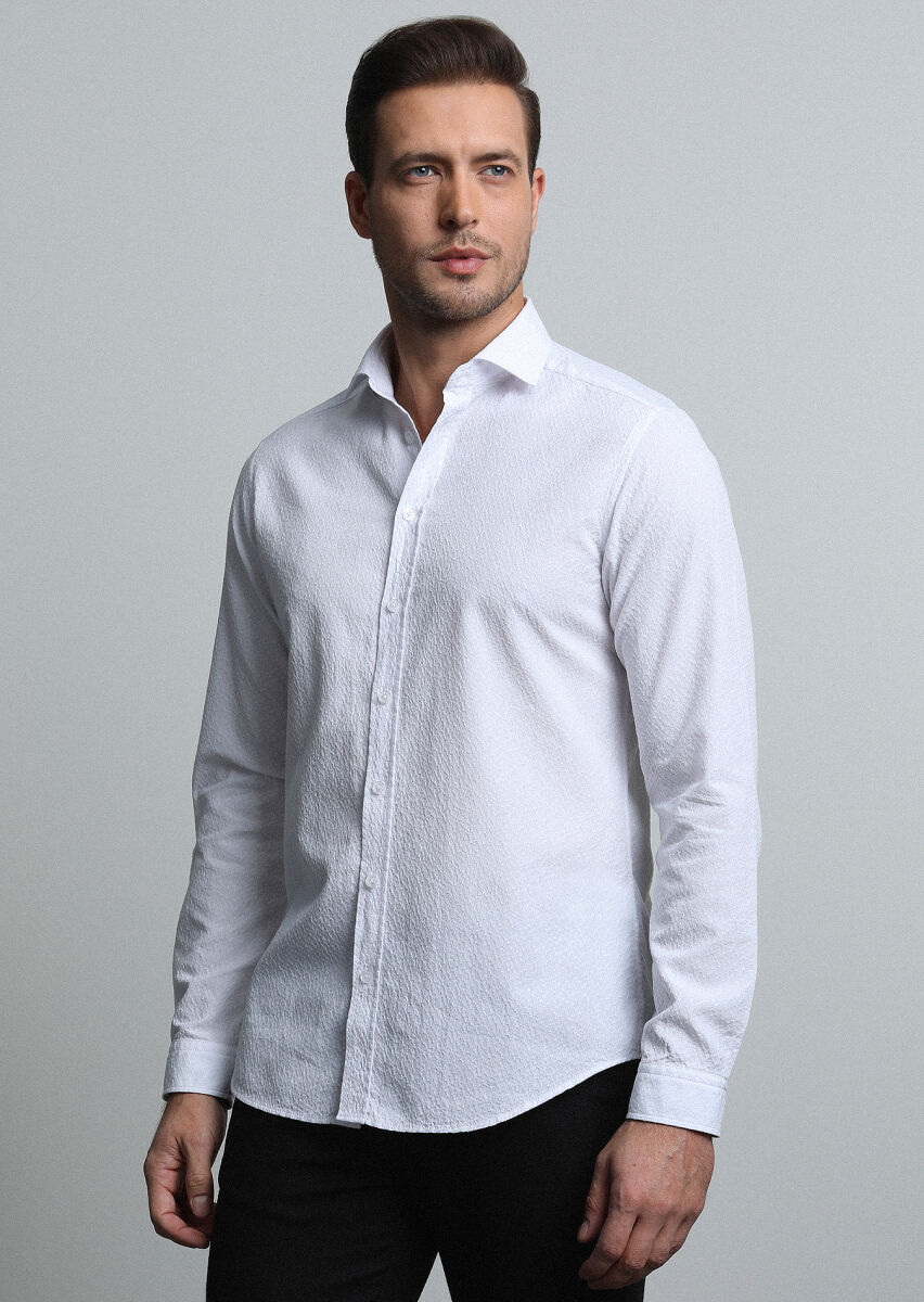 White Slim Fit Long Weaving Casual 100% Cotton Shirt - 2