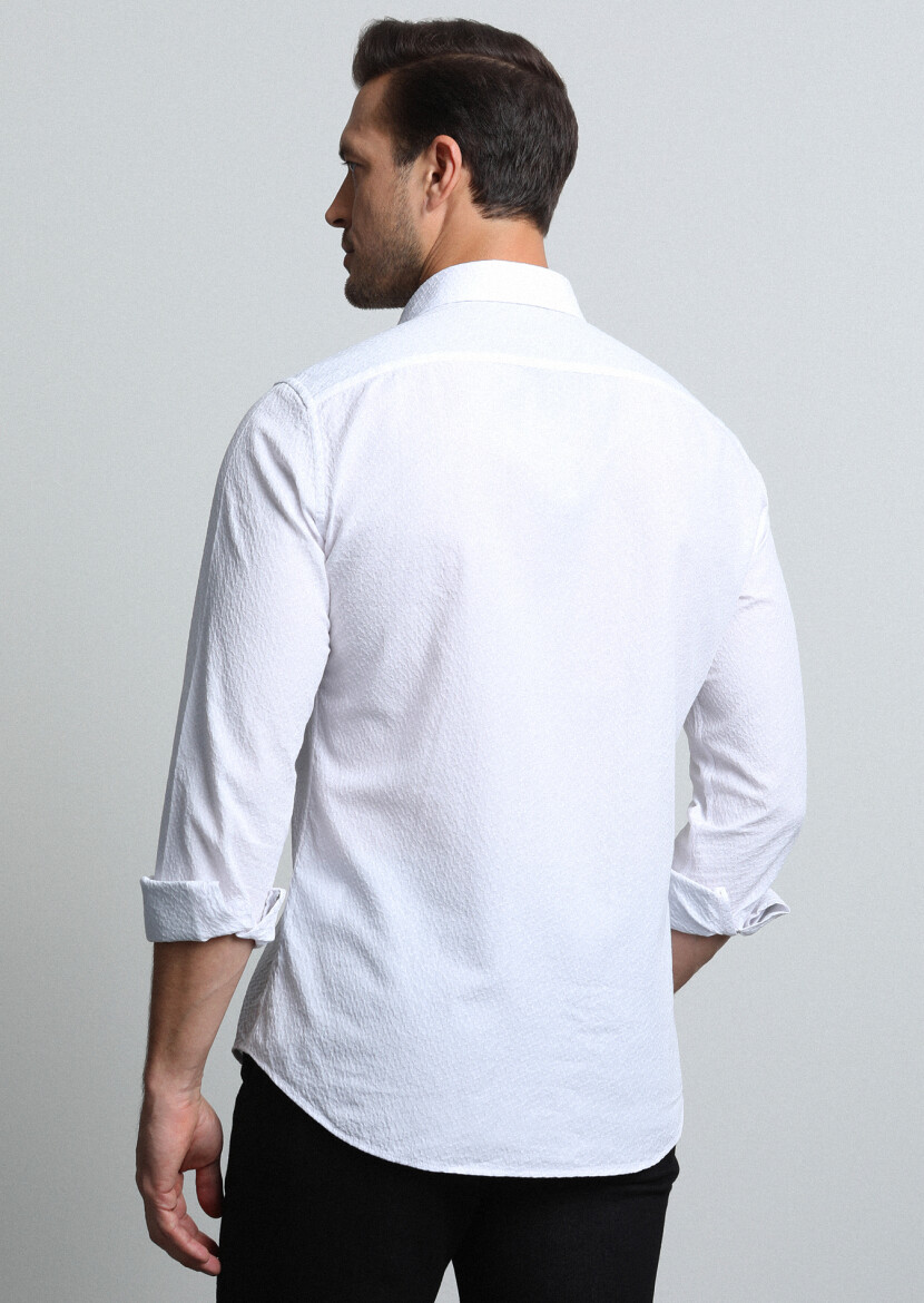 White Slim Fit Long Weaving Casual 100% Cotton Shirt - 5