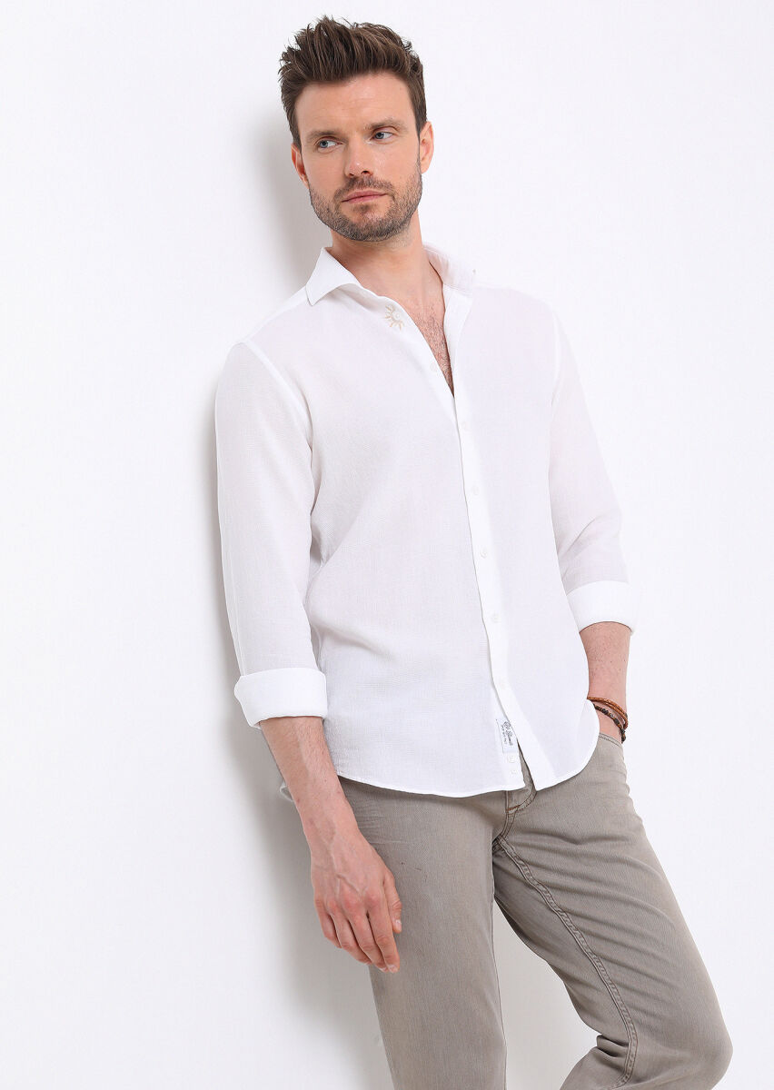 White Slim Fit Long Weaving Casual 100% Cotton Shirt - 1