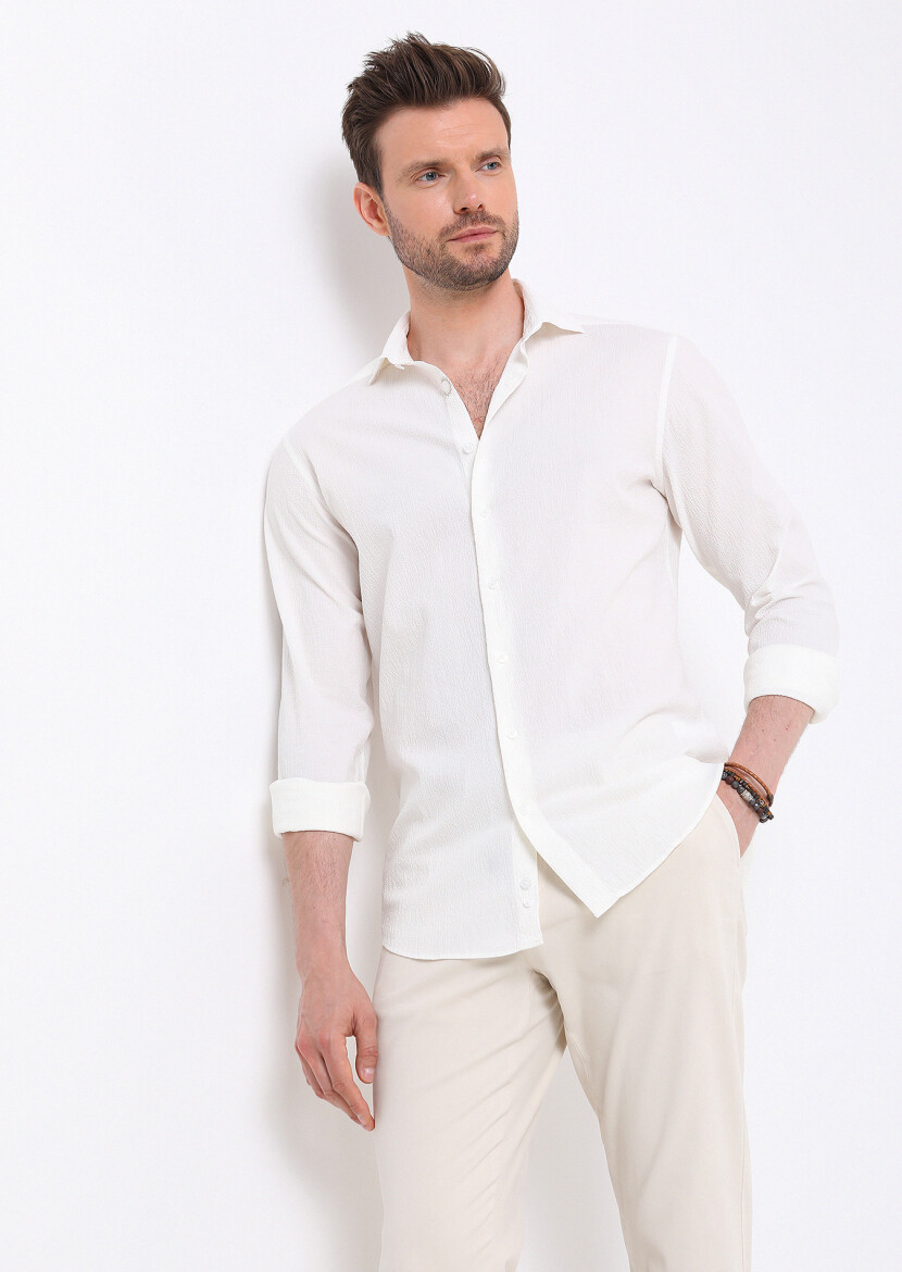 White Slim Fit Long Weaving Casual Cotton Blended Shirt - 1