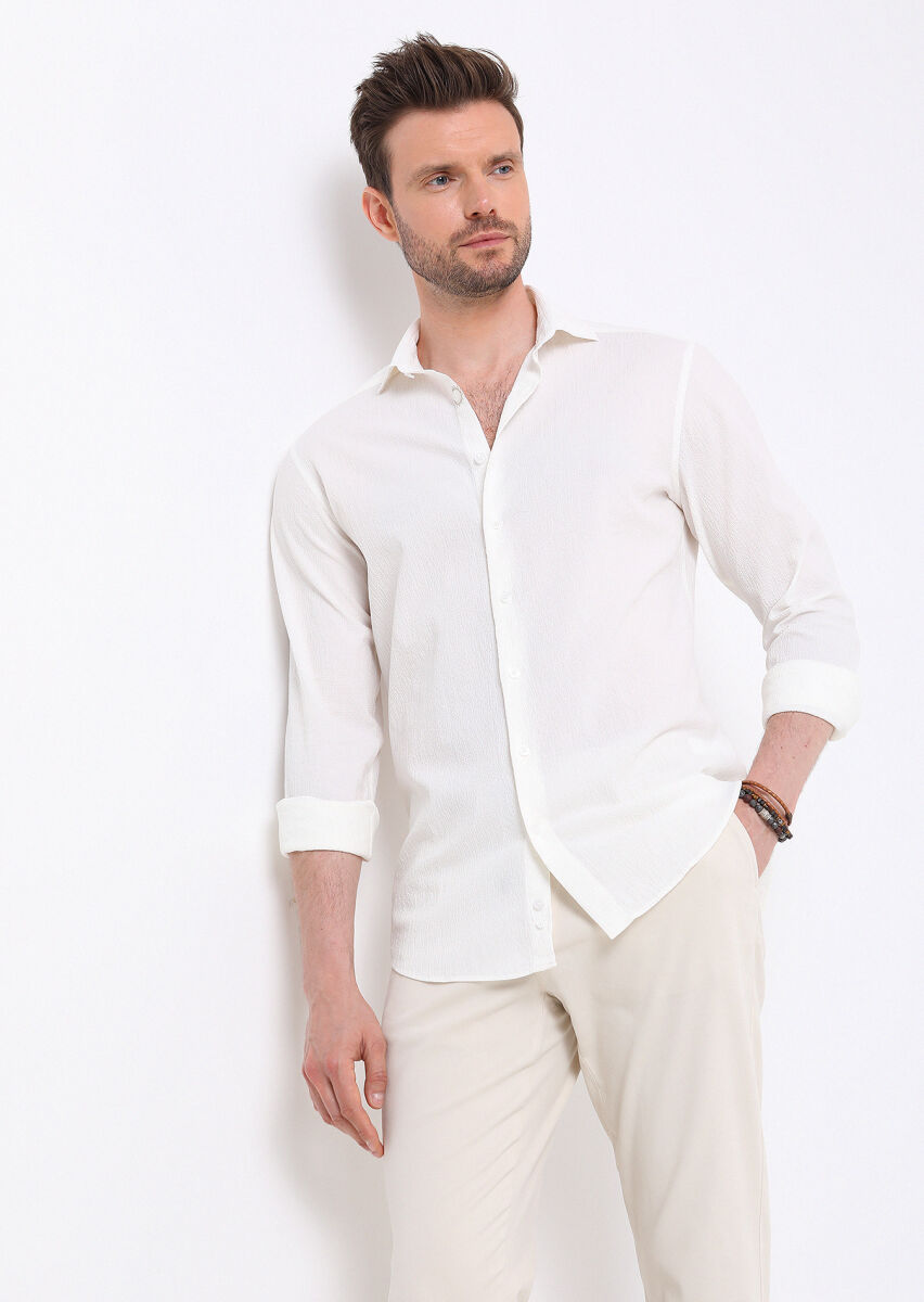 White Slim Fit Long Weaving Casual Cotton Blended Shirt - 1