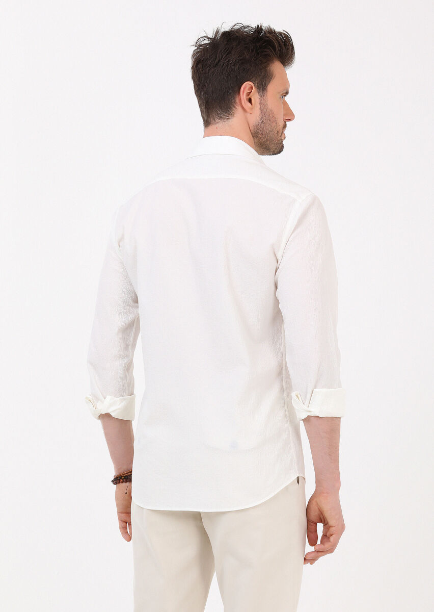 White Slim Fit Long Weaving Casual Cotton Blended Shirt - 5