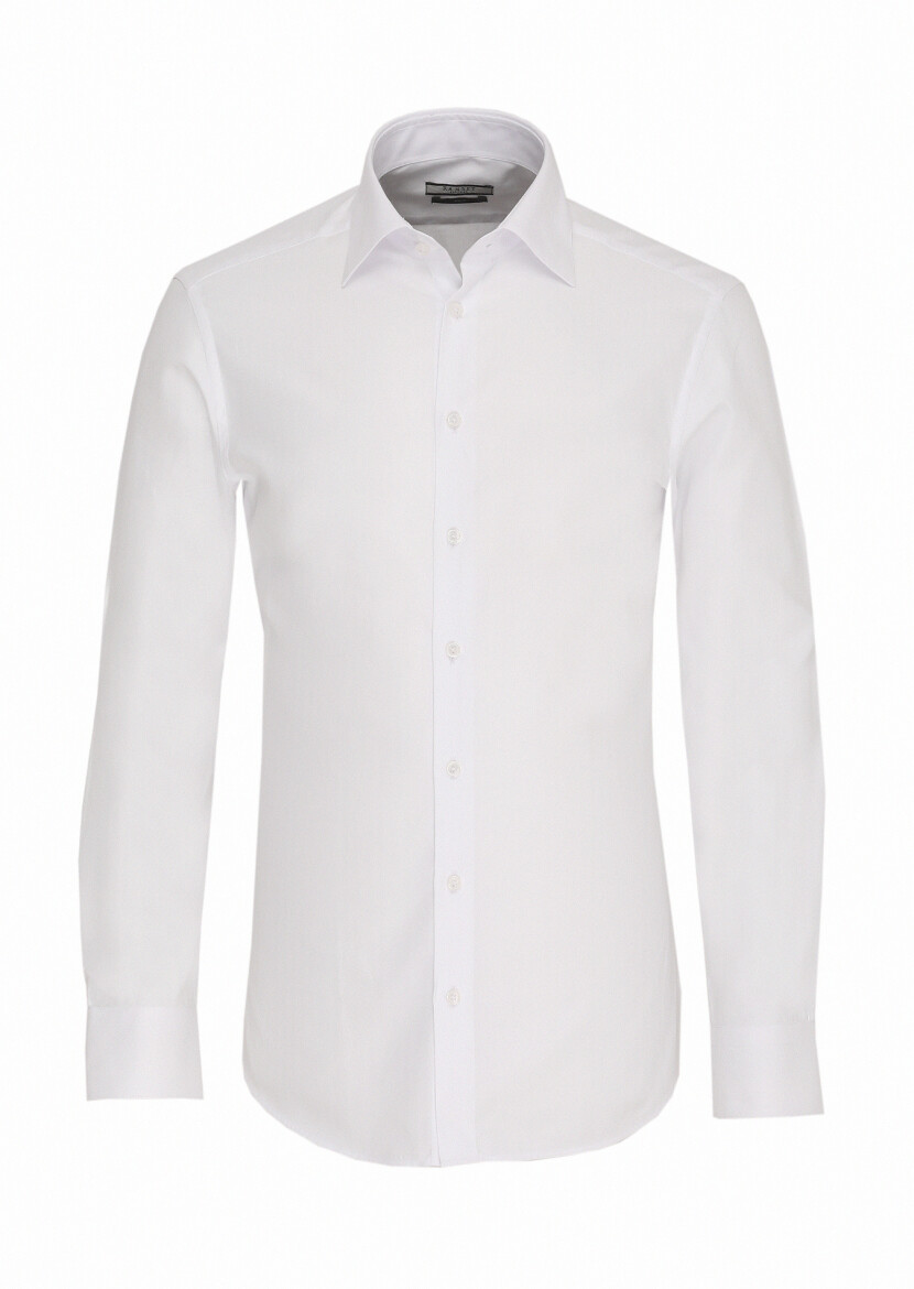 White Slim Fit Long Weaving Classical 100% Cotton Shirt - 1