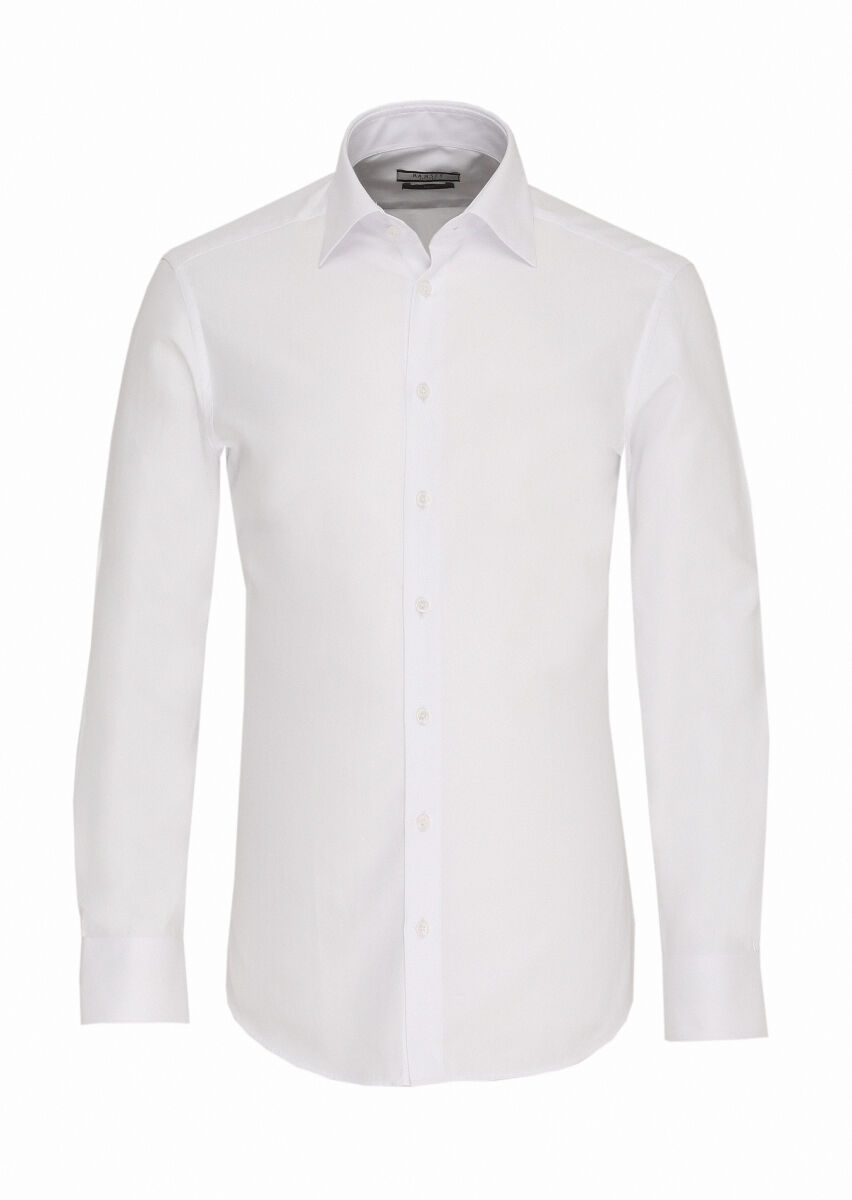 White Slim Fit Long Weaving Classical 100% Cotton Shirt - 1