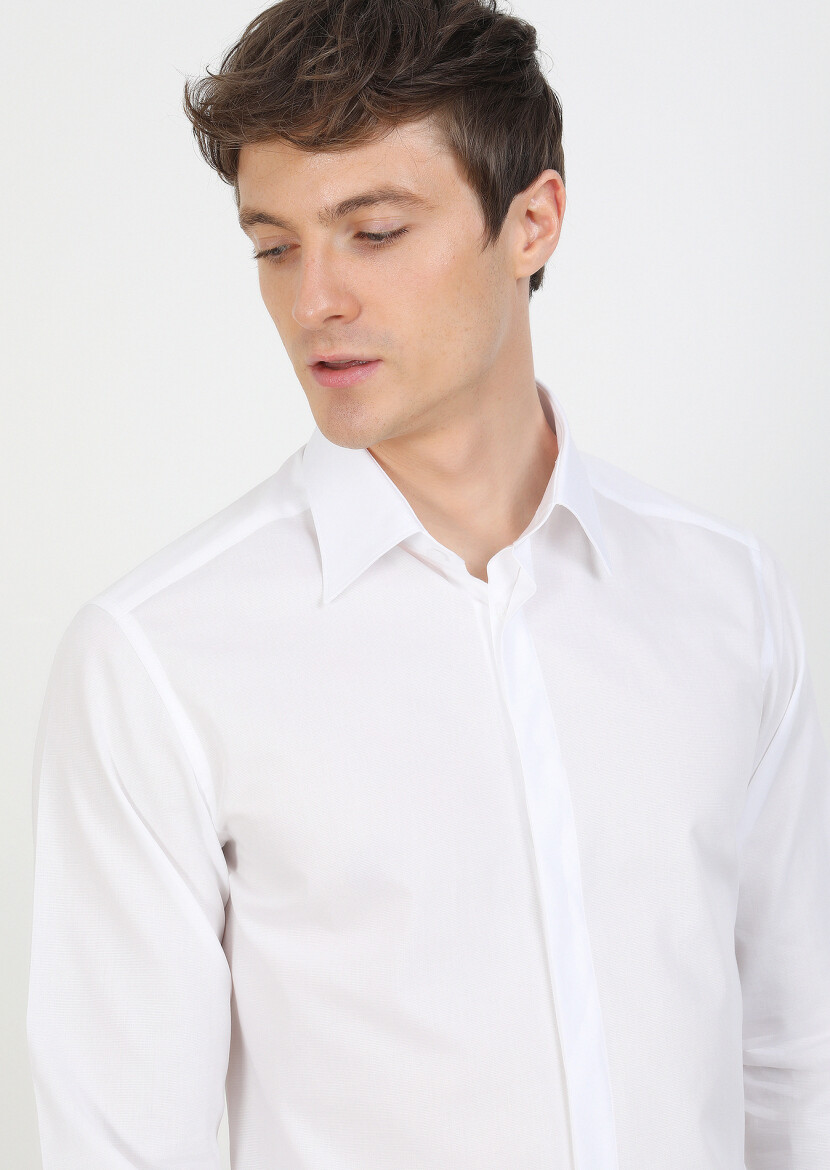 White Slim Fit Long Weaving Classical 100% Cotton Shirt - 3