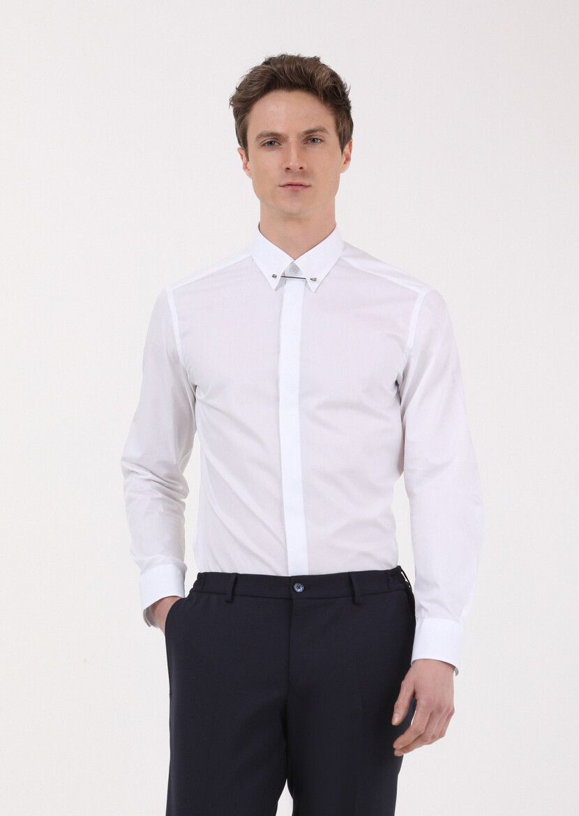 White Slim Fit Long Weaving Classical 100% Cotton Shirt - 1