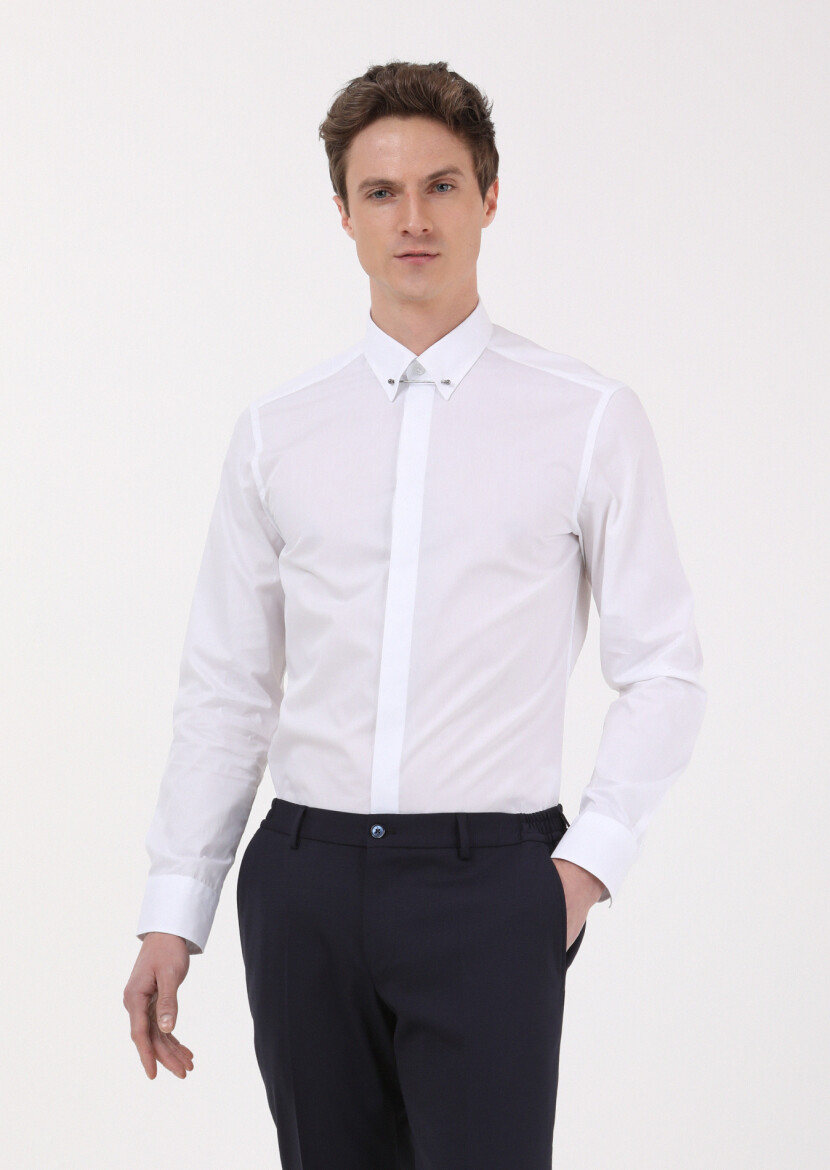 White Slim Fit Long Weaving Classical 100% Cotton Shirt - 3
