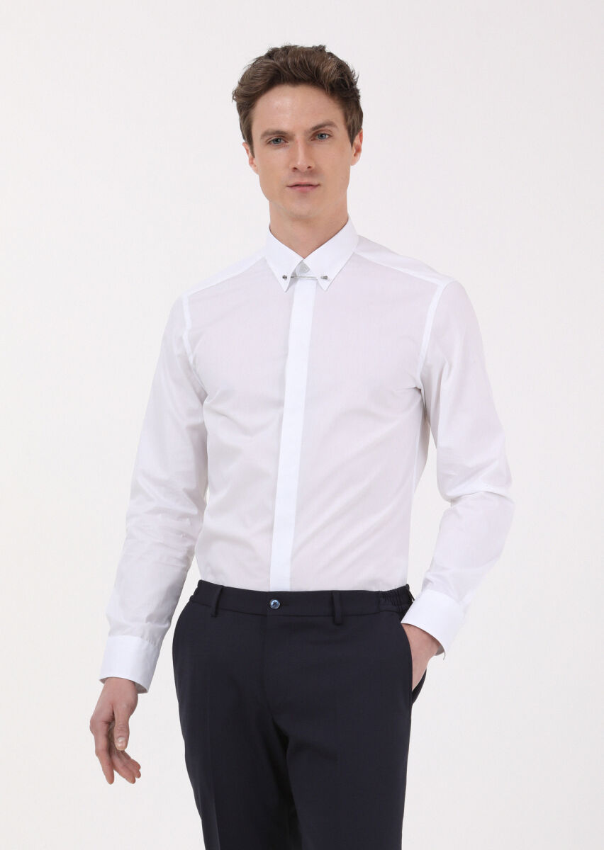 White Slim Fit Long Weaving Classical 100% Cotton Shirt - 3