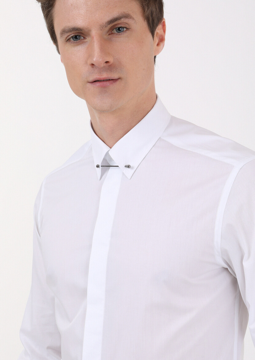 White Slim Fit Long Weaving Classical 100% Cotton Shirt - 4