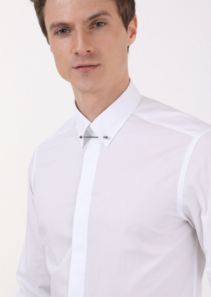 White Slim Fit Long Weaving Classical 100% Cotton Shirt - 4