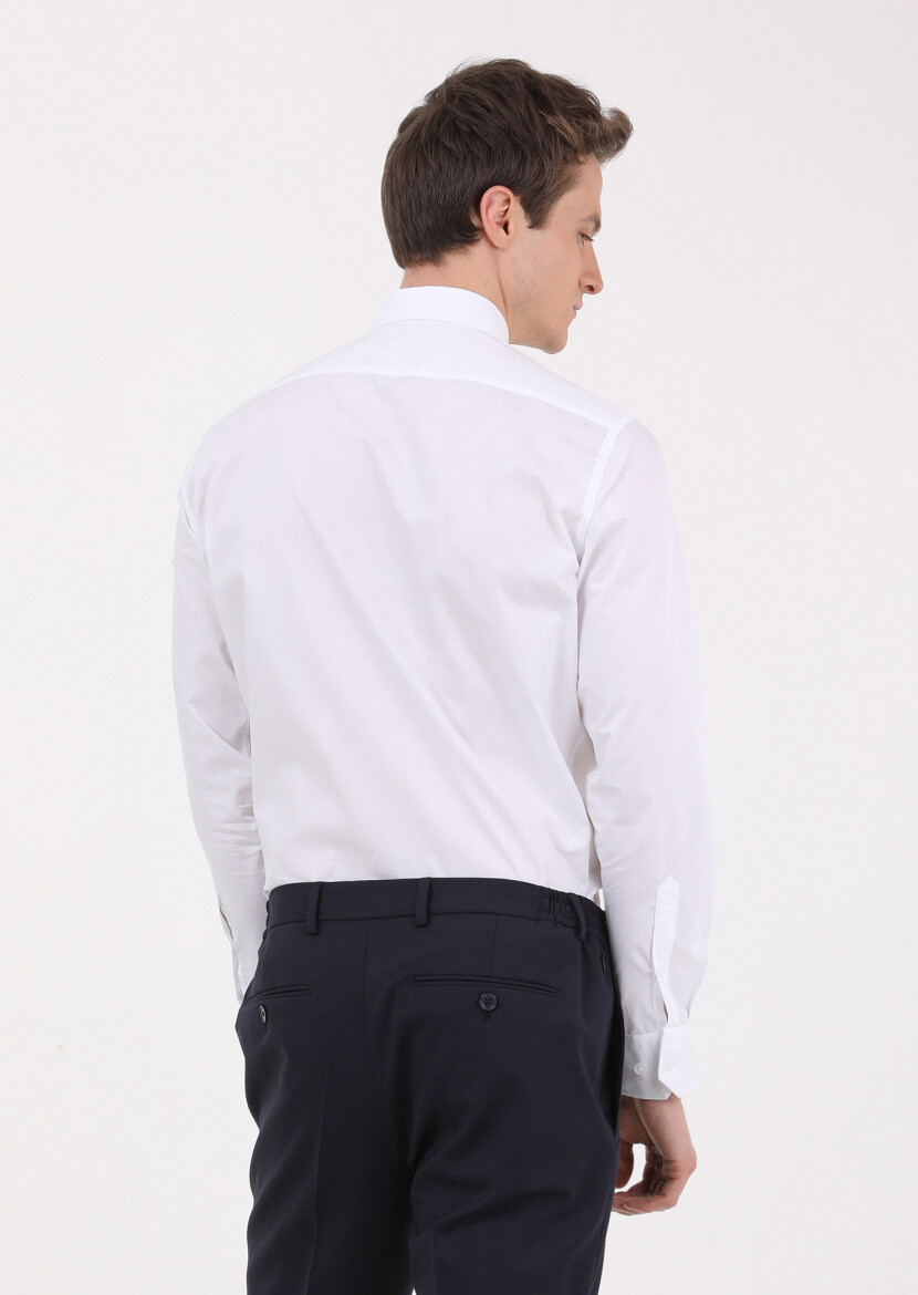 White Slim Fit Long Weaving Classical 100% Cotton Shirt - 5