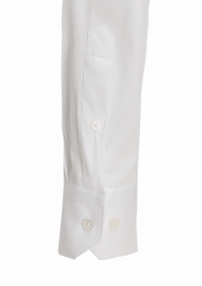 White Slim Fit Long Weaving Classical Cotton Blended Shirt - 2