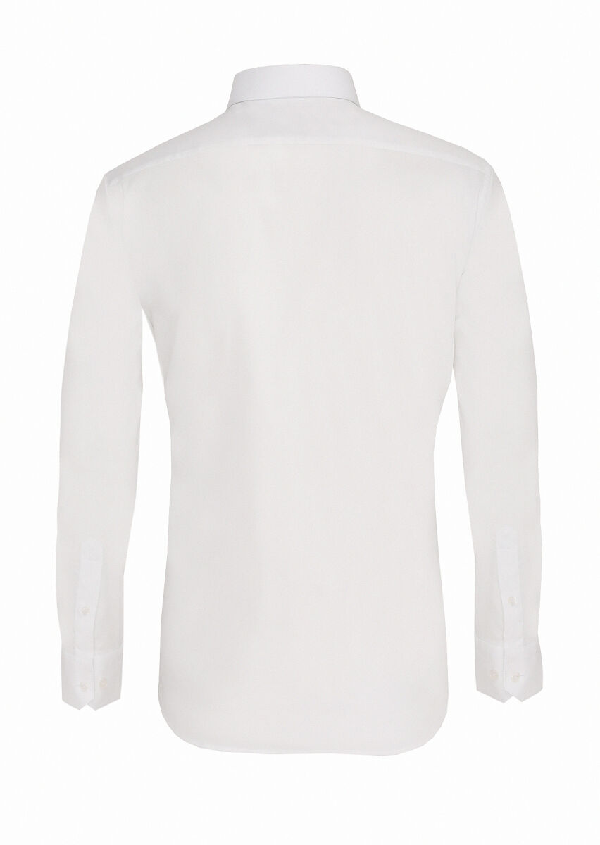 White Slim Fit Long Weaving Classical Cotton Blended Shirt - 3