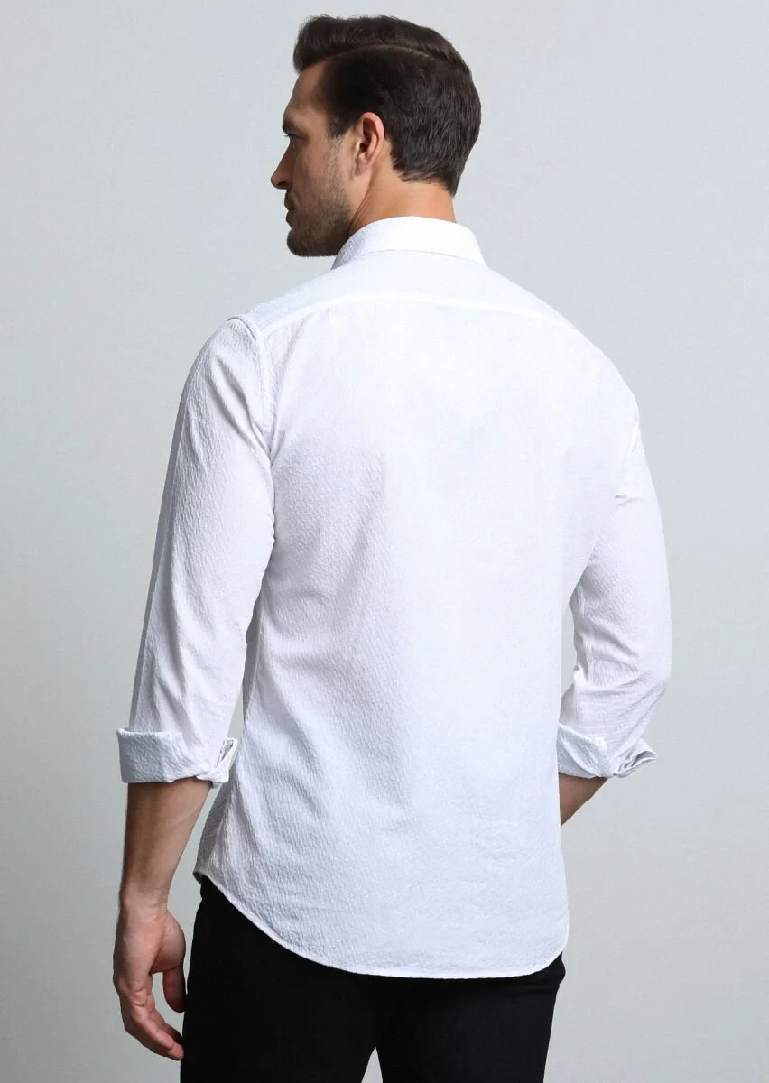 White Slim Fit Weaving Casual 100% Cotton Shirt - 5