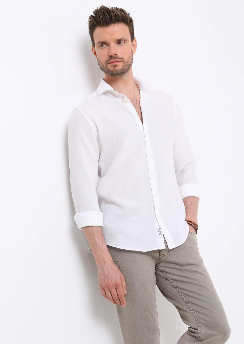 White Slim Fit Weaving Casual 100% Cotton Shirt - 1