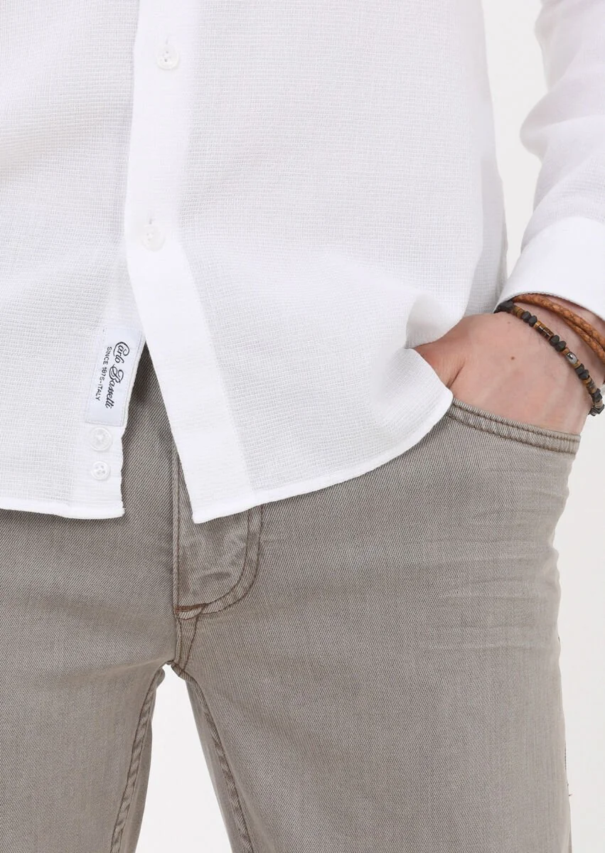 White Slim Fit Weaving Casual 100% Cotton Shirt - 5