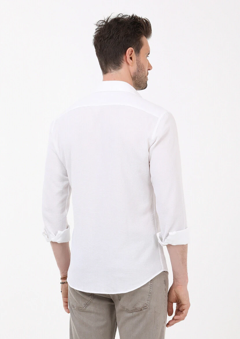 White Slim Fit Weaving Casual 100% Cotton Shirt - 6