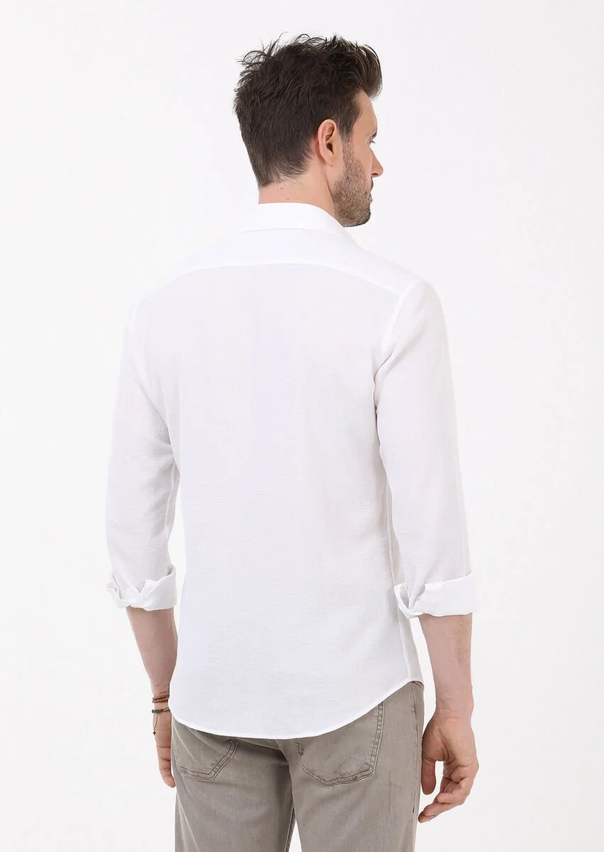 White Slim Fit Weaving Casual 100% Cotton Shirt - 6