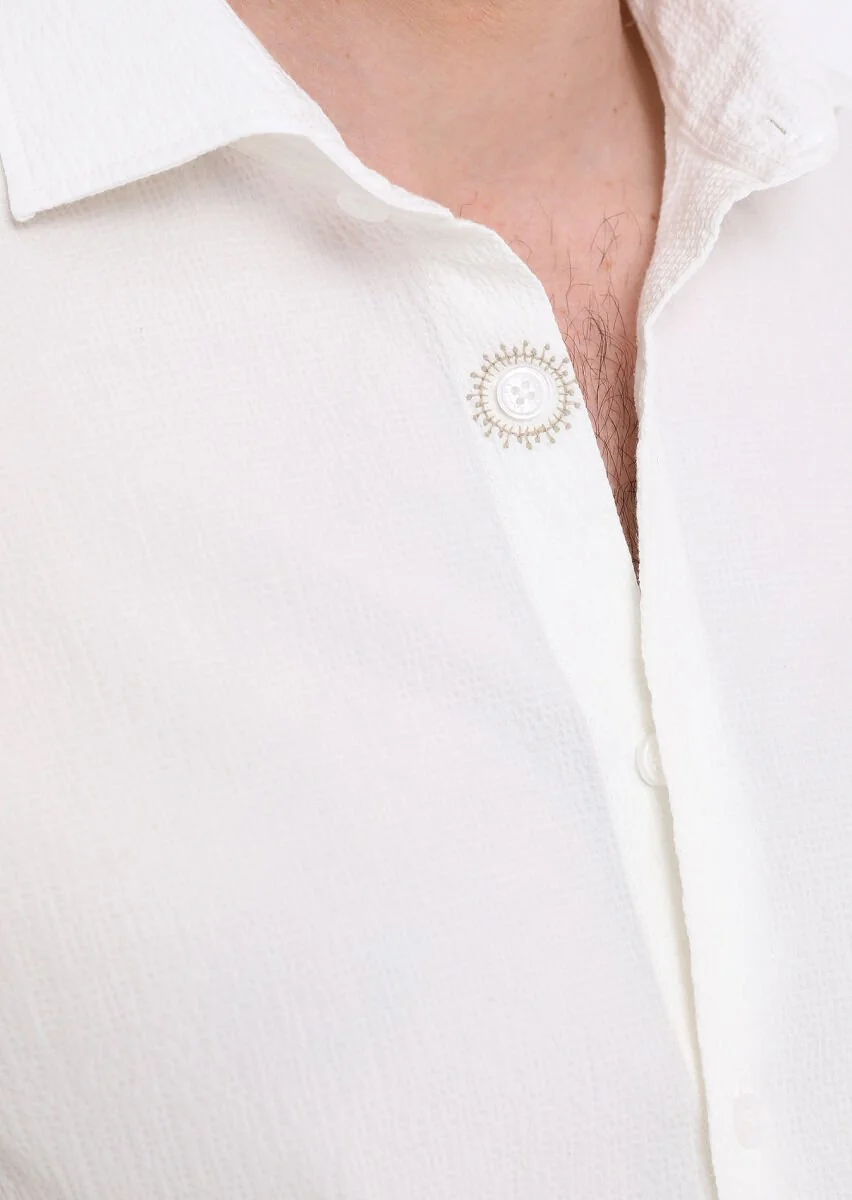 White Slim Fit Weaving Casual Cotton Blended Shirt - 4