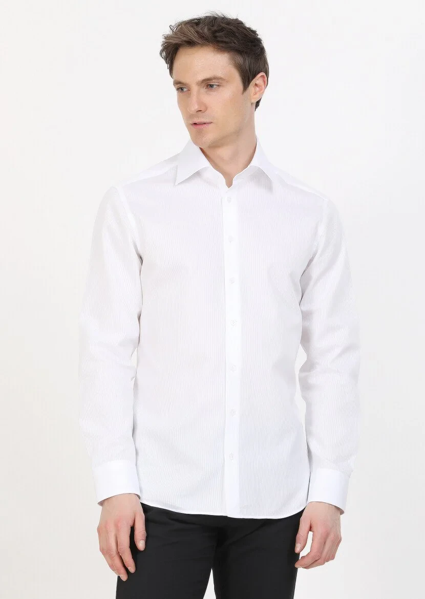 White Slim Fit Weaving Classical 100% Cotton Shirt - 1