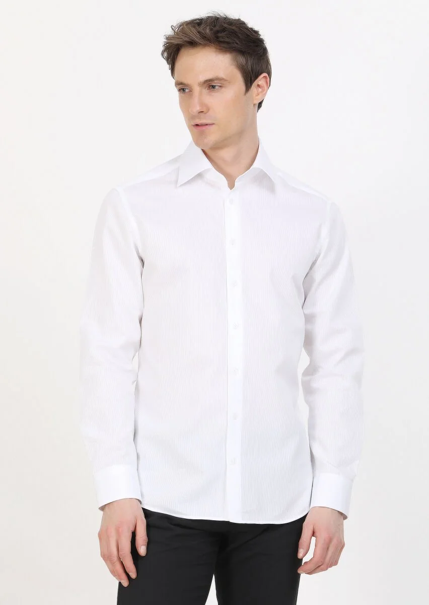 White Slim Fit Weaving Classical 100% Cotton Shirt - 1