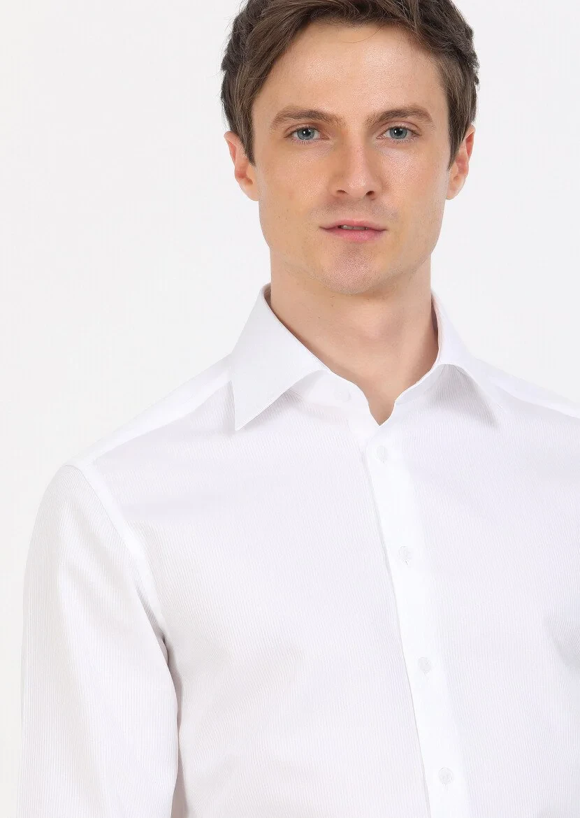 White Slim Fit Weaving Classical 100% Cotton Shirt - 2