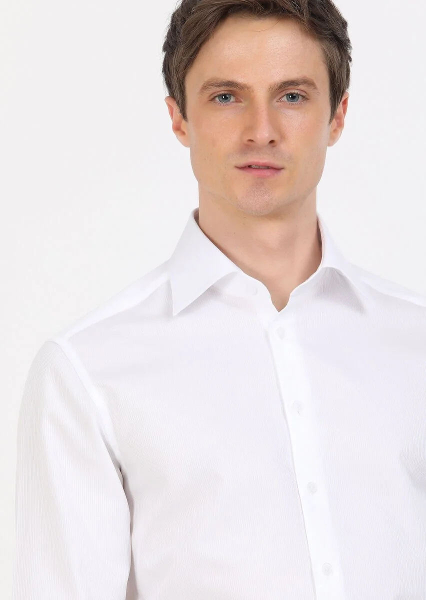 White Slim Fit Weaving Classical 100% Cotton Shirt - 2