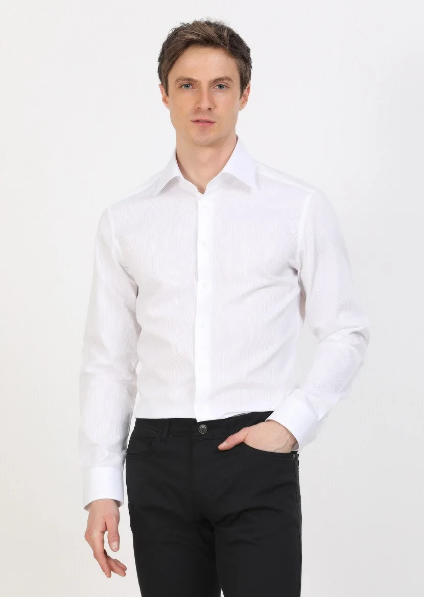 White Slim Fit Weaving Classical 100% Cotton Shirt - 3
