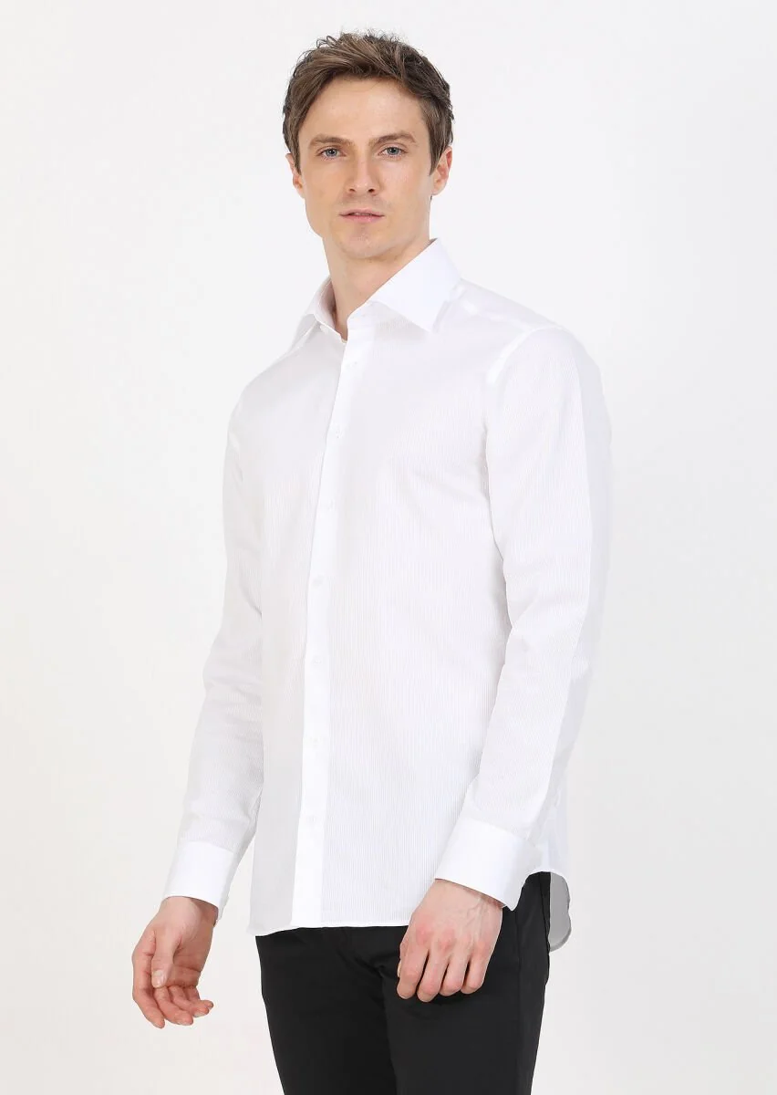 White Slim Fit Weaving Classical 100% Cotton Shirt - 4