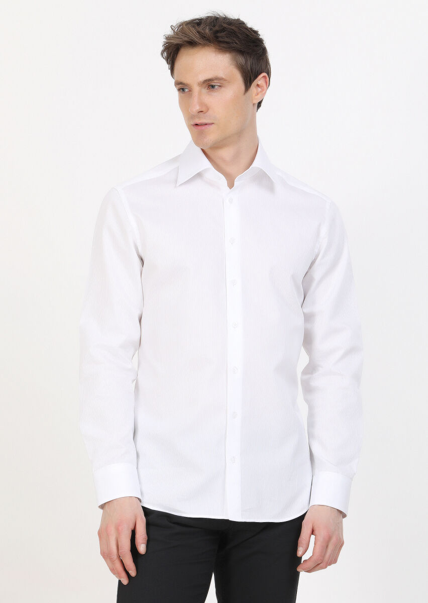 White Slim Fit Weaving Classical 100% Cotton Shirt - 1