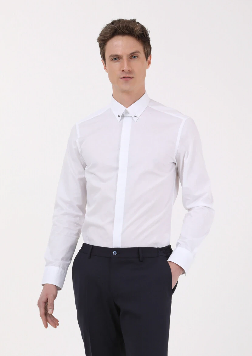 White Slim Fit Weaving Classical 100% Cotton Shirt - 3