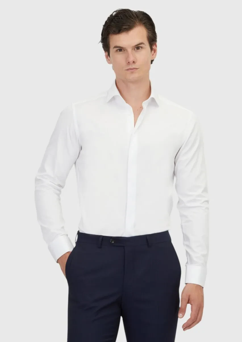 White Slim Fit Weaving Classical 100% Cotton Shirt - 1