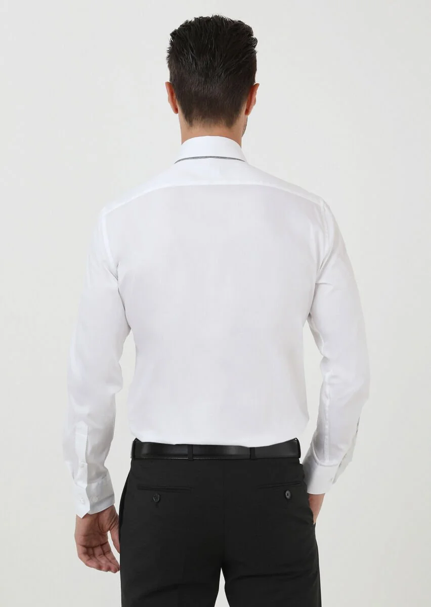 White Slim Fit Weaving Classical Cotton Blended Shirt - 5