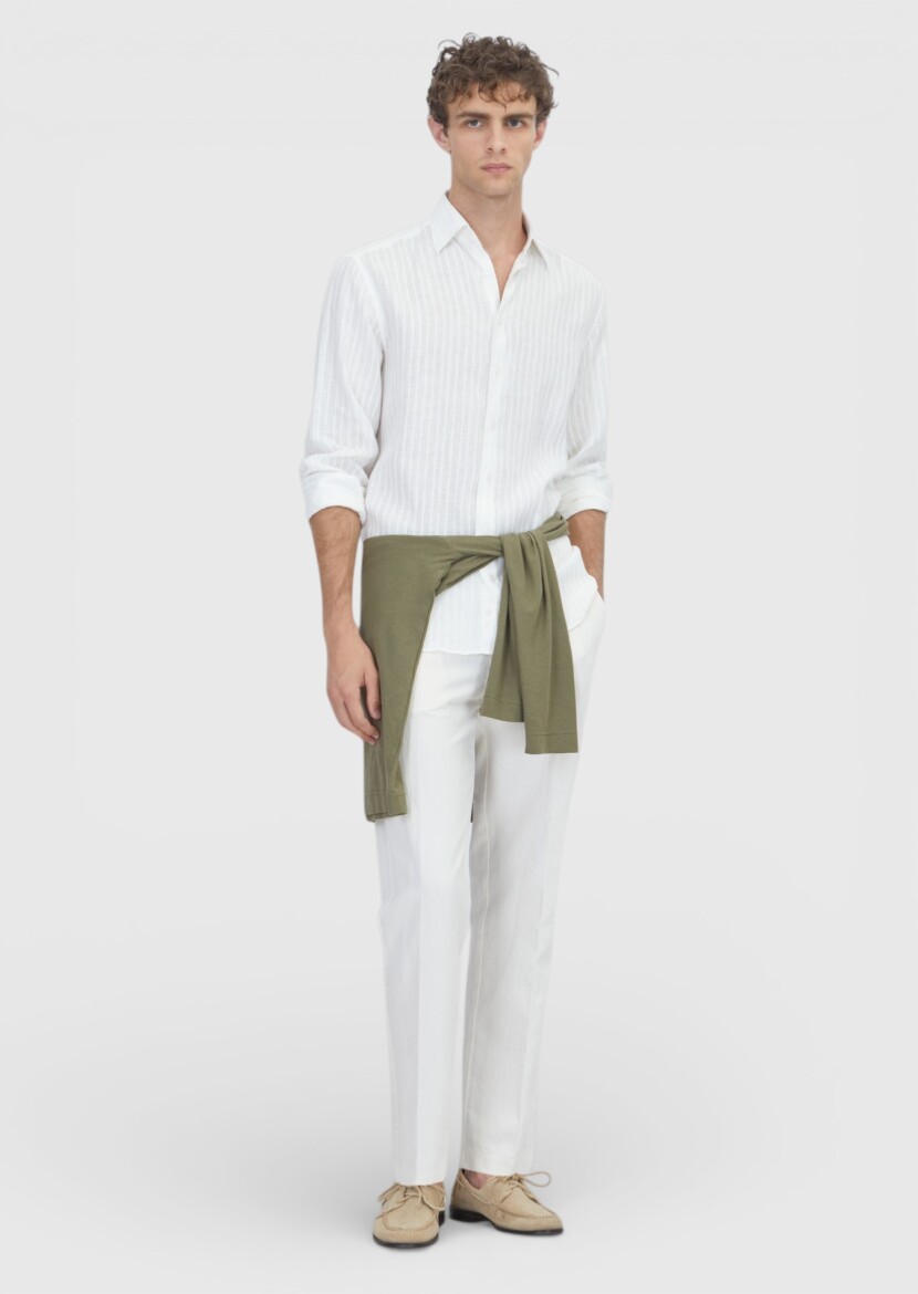 White Striped Casual Fit Long Weaving Casual 100% Linen Shirt - RAMSEY