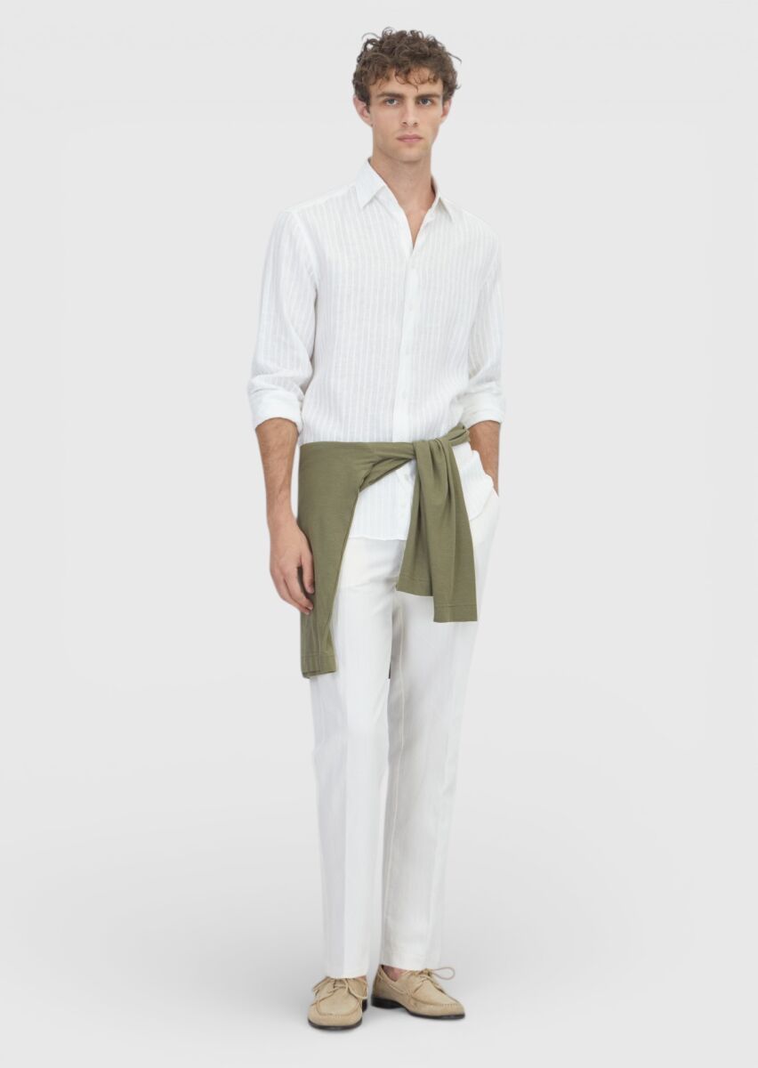White Striped Casual Fit Long Weaving Casual 100% Linen Shirt - 2