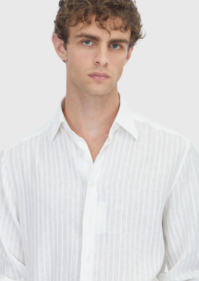 White Striped Casual Fit Long Weaving Casual 100% Linen Shirt - 3