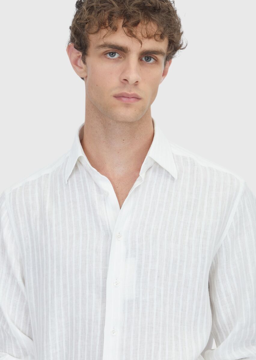 White Striped Casual Fit Long Weaving Casual 100% Linen Shirt - 3