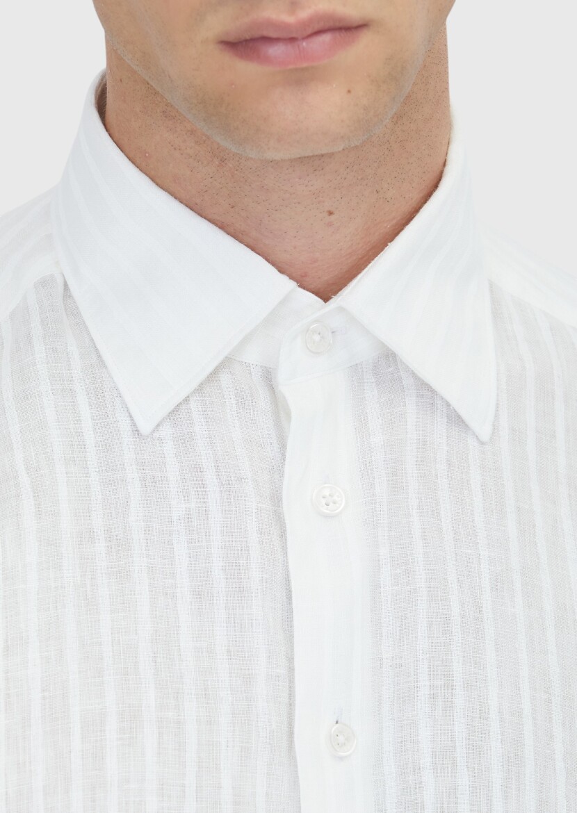 White Striped Casual Fit Long Weaving Casual 100% Linen Shirt - 4