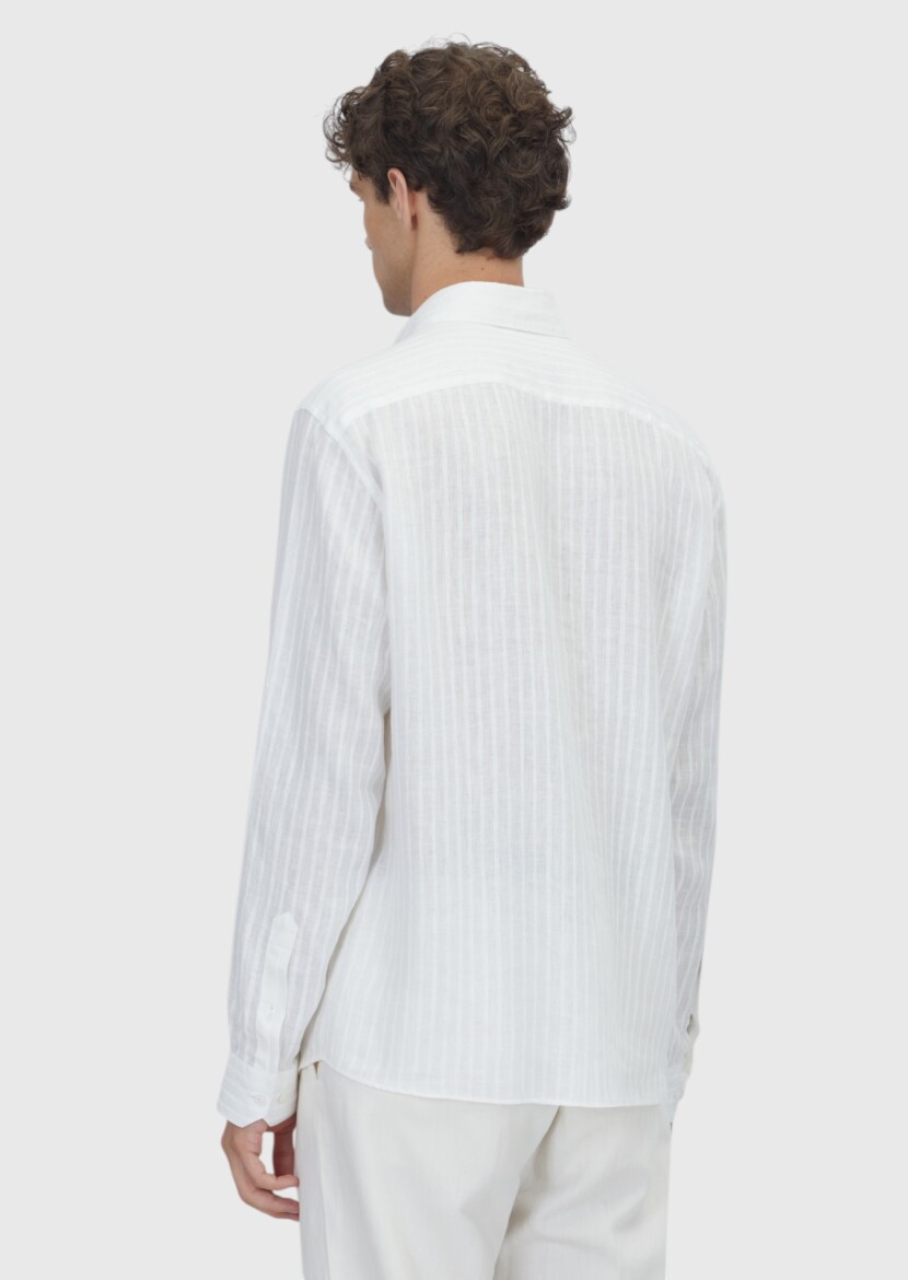 White Striped Casual Fit Long Weaving Casual 100% Linen Shirt - 5