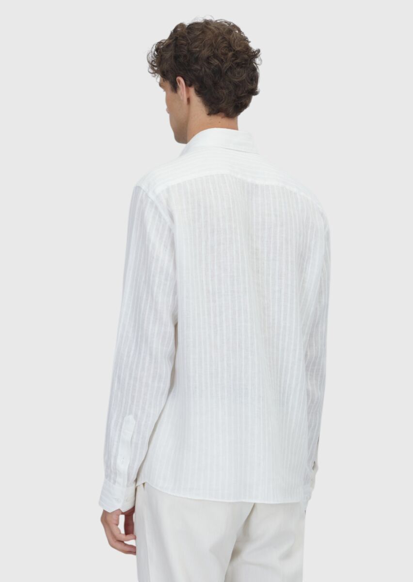 White Striped Casual Fit Long Weaving Casual 100% Linen Shirt - 5