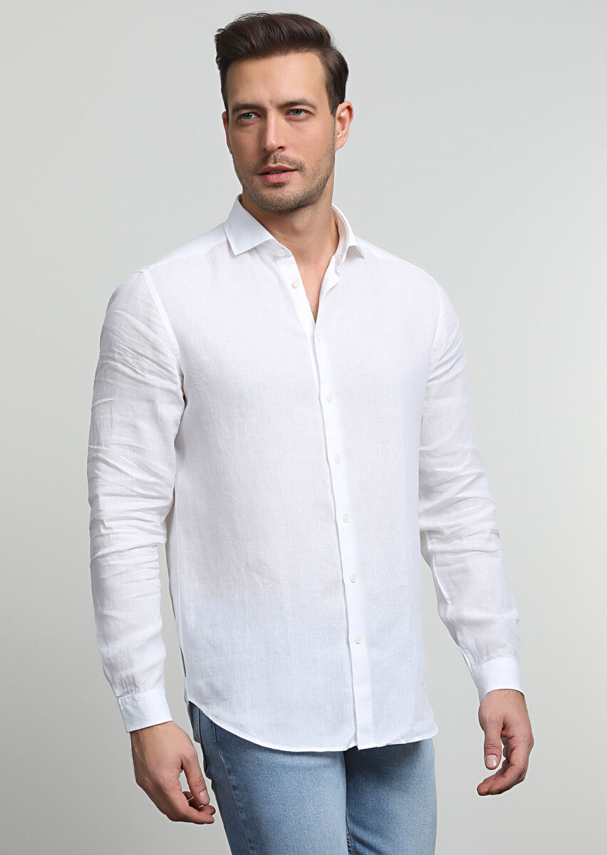 White Striped Regular Fit Long Weaving Casual 100% Cotton Shirt - 1
