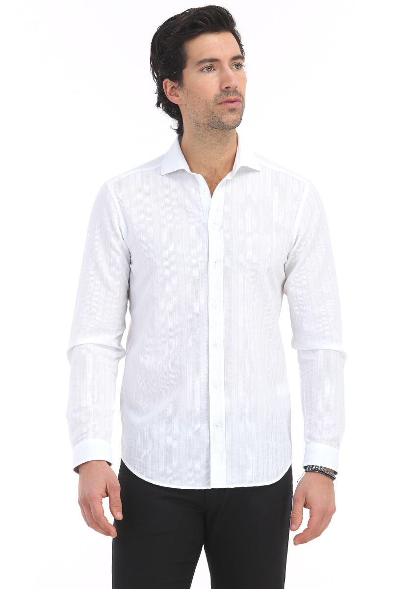 White Striped Regular Fit Long Weaving Casual Cotton Blended Shirt - 2